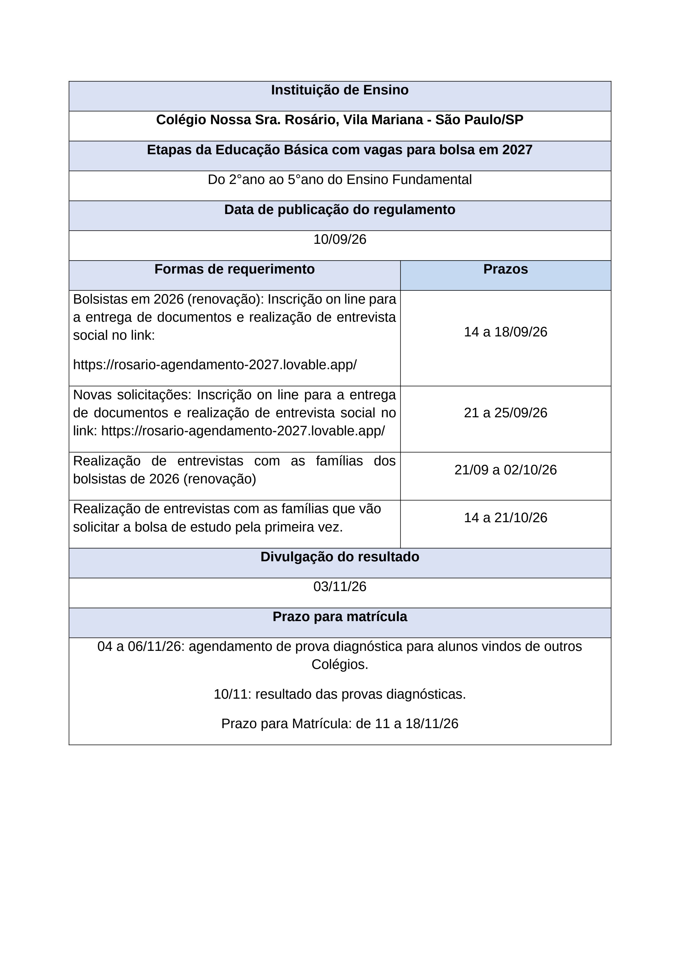Cronograma oficial da Seleção de Bolsistas 2027. Colégio Nossa Senhora do Rosário, Vila Mariana, São Paulo/SP. Vagas do 2º ao 5º ano do Ensino Fundamental. Publicação do regulamento em 10/09/2026. Inscrição online de renovação (bolsistas 2026): 14 a 18/09/2026. Inscrição online de novas solicitações: 21 a 25/09/2026. Entrevistas de renovação: 21/09 a 02/10/2026. Entrevistas de novas solicitações: 14 a 21/10/2026. Divulgação do resultado em 03/11/2026. Agendamento da prova diagnóstica: 04 a 06/11/2026. Resultado das provas diagnósticas em 10/11/2026. Prazo para matrícula: 11 a 18/11/2026.